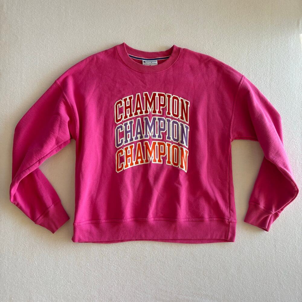Champion Crewneck Sweater Women’s Medium Hot Pink Embroidered Athleisure